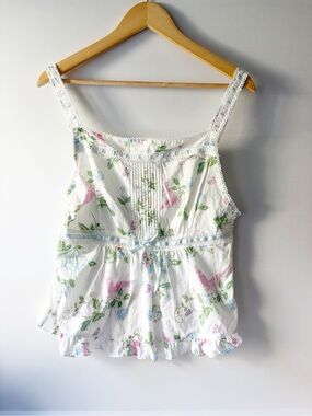 Laura Ashley Vintage Floral Camisole Top with Dainty Lace Trim & Ribbon Accents